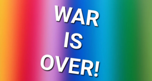 Englisches Zitat  "War is over if you want it" vor buntem Regenbogenhintergrund