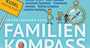 Cover des Familienkompass - Ortsschild Kusel, eine Familie, ein Herz und ein Kompass bebildern die Überschrift 