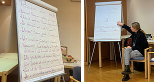 Foto einer Flipchart-Liste zum Thema "Raum für mich" sowie der Referentin bei der Präsentation